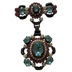 Unsigned Hollycraft Pink Blue Crystals Faux Pearls Gold Tone Dangle Brooch